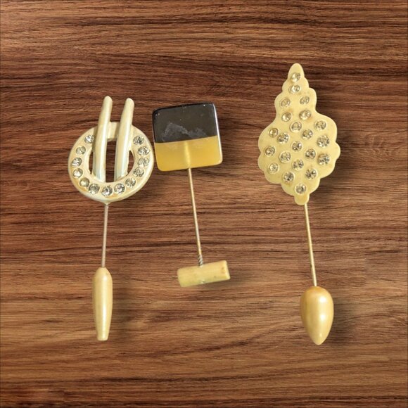 Vintage Lot Of 3 Art Deco Hat Stick Pins Geometric & Rhinestone Accents Unique D - Picture 1 of 7